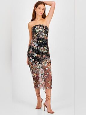 Sam Edelman Black Strapless Floral Sequin Midi Dress NWT